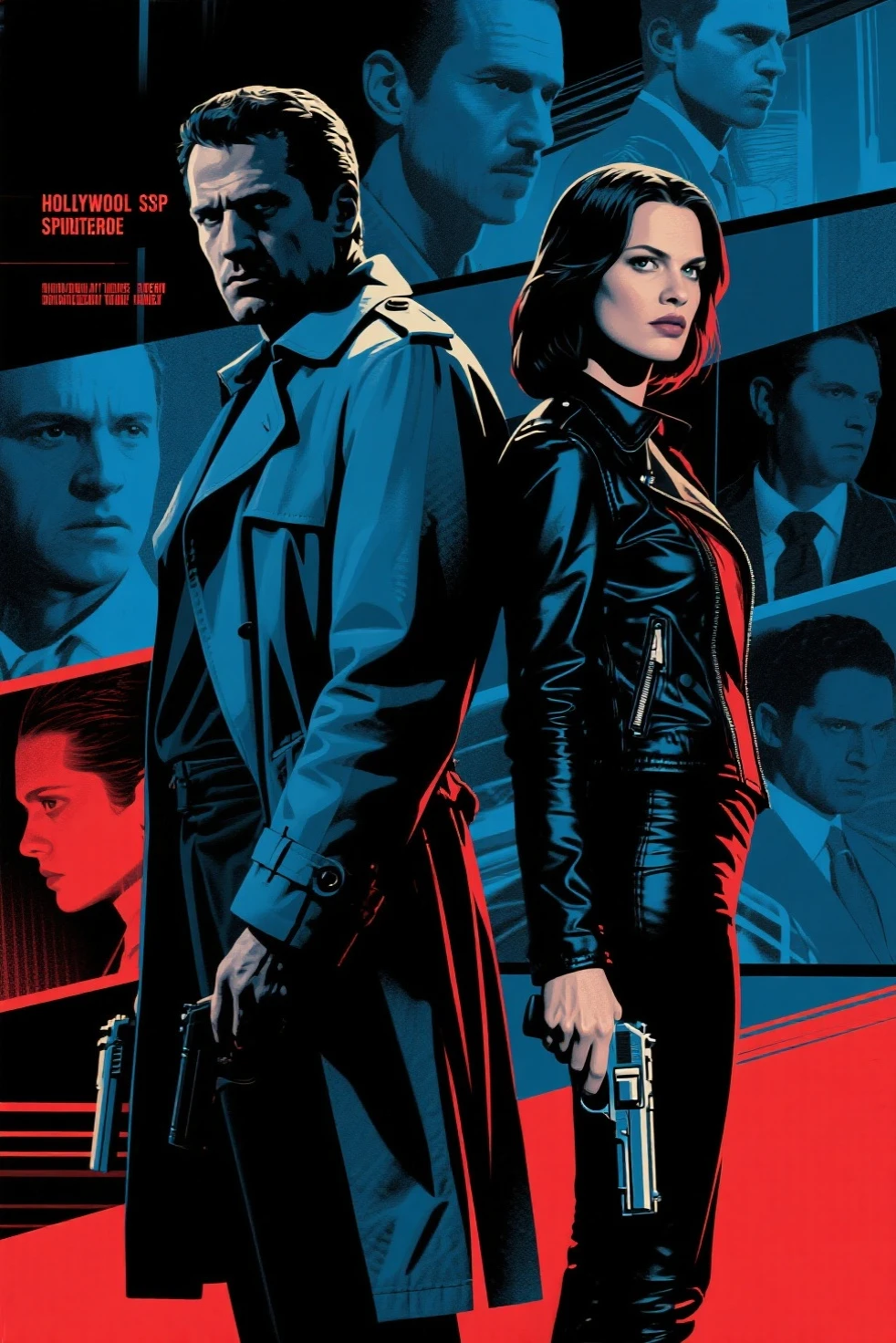 Hollywood spy thriller poster:Mysterious man in trench coat and woman in tight jacket standing back to back,Sharp eyes,holding handgun。background uses multi-scene narration and double exposure。in pop art style,Thrilling suspense。deep blues、black、red and tones,for dramatic effect。