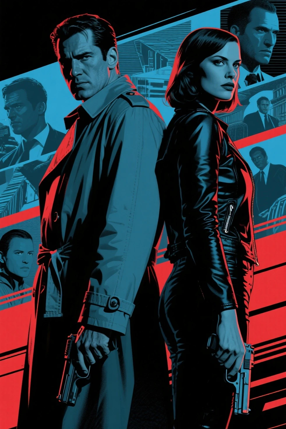 Hollywood spy thriller poster:Mysterious man in trench coat and woman in tight jacket standing back to back,Sharp eyes,holding handgun。background uses multi-scene narration and double exposure。in pop art style,Thrilling suspense。deep blues、black、red and tones,for dramatic effect。