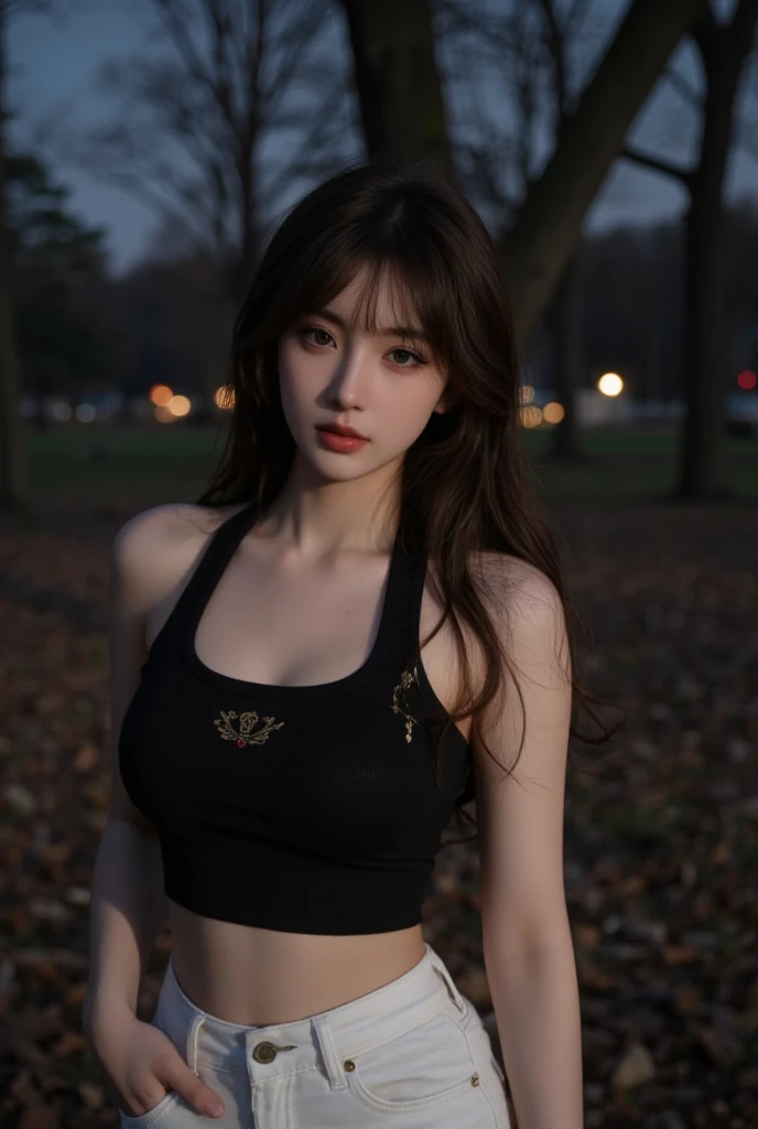 8 thousand, best quality, masterpiece, Very Detailed,  Semi-realistic , a girl, a girl, 20yr old, Look at the hand, long and dark brown hair，With bangs, curlies, green eyes, Black Japanese cut clothes, White pants, Bare shoulders, golden detailing, Thin , indifferent expression, war scenario, exteriors, forest backgrou, There are many trees and dark sky