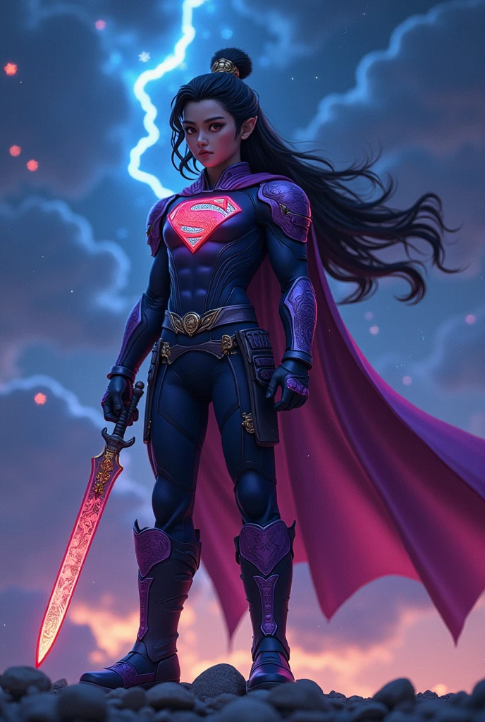 Superman and Batman in the background with a gorgeous starry sky in the background,Huang Quan was wearing a tight purple and black color combat suit,Waist spine-shaped belt,Long boots with varying lengths,Armed with a long knife,Long boots with mysterious clouds and thunder engraved on the scabbard,Looking indifferently into the distance,The long hair flutters freely in the starwind,The flame pattern on the dress seemed to vibrate。 lego art, night