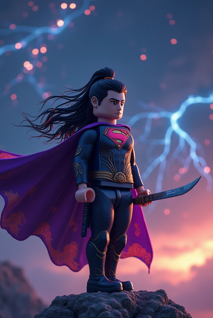 Superman and Batman in the background with a gorgeous starry sky in the background,Huang Quan was wearing a tight purple and black color combat suit,Waist spine-shaped belt,Long boots with varying lengths,Armed with a long knife,Long boots with mysterious clouds and thunder engraved on the scabbard,Looking indifferently into the distance,The long hair flutters freely in the starwind,The flame pattern on the dress seemed to vibrate。 lego art, night