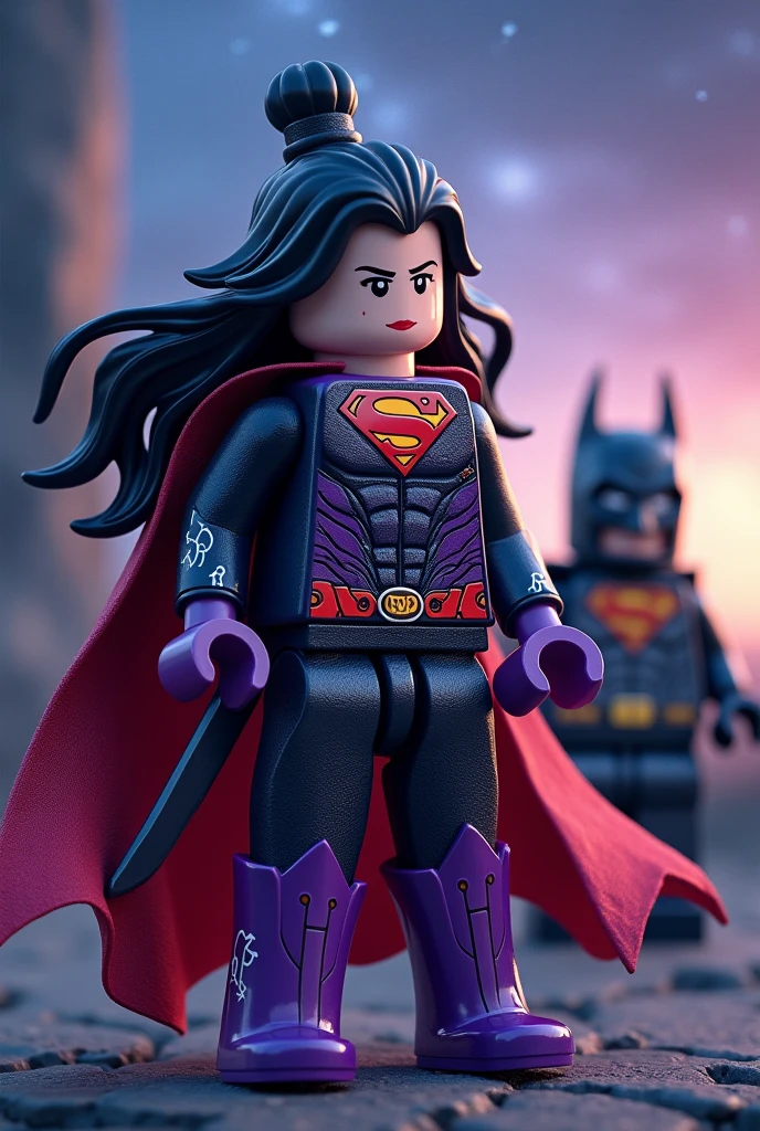 Superman and Batman in the background with a gorgeous starry sky in the background,Huang Quan was wearing a tight purple and black color combat suit,Waist spine-shaped belt,Long boots with varying lengths,Armed with a long knife,Long boots with mysterious clouds and thunder engraved on the scabbard,Looking indifferently into the distance,The long hair flutters freely in the starwind,The flame pattern on the dress seemed to vibrate。 lego art, night
