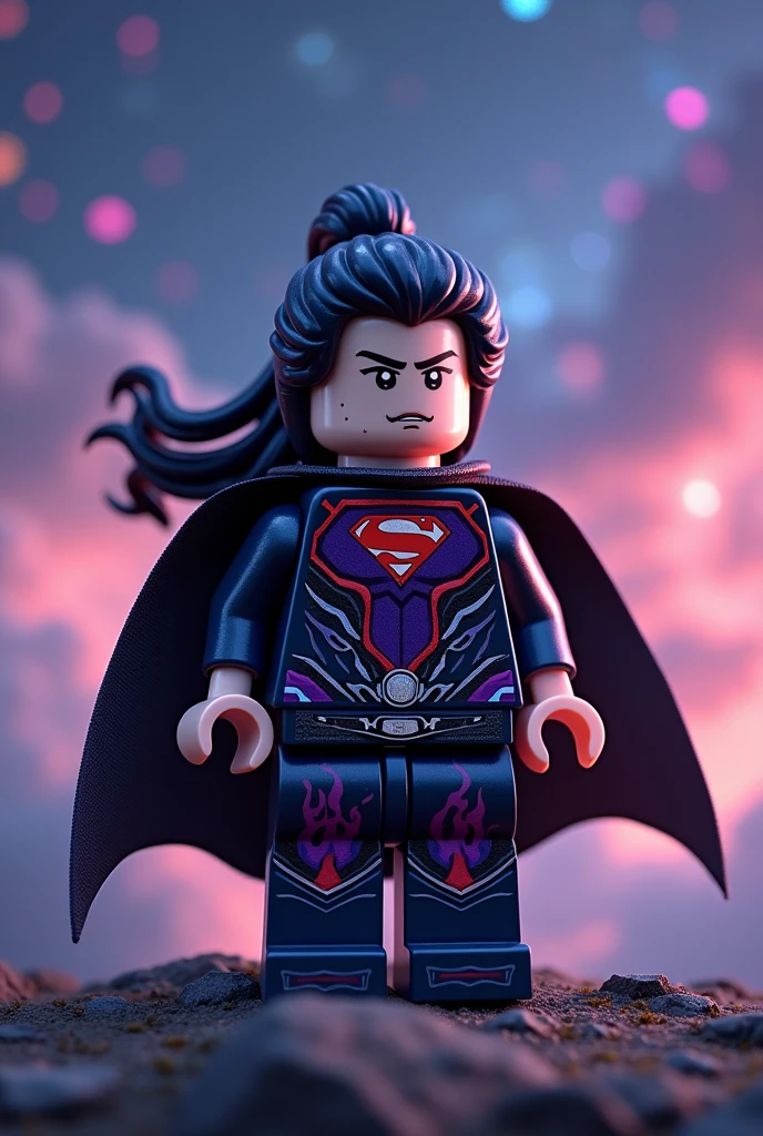 Superman and Batman in the background with a gorgeous starry sky in the background,Huang Quan was wearing a tight purple and black color combat suit,Waist spine-shaped belt,Long boots with varying lengths,Armed with a long knife,Long boots with mysterious clouds and thunder engraved on the scabbard,Looking indifferently into the distance,The long hair flutters freely in the starwind,The flame pattern on the dress seemed to vibrate。 lego art, night