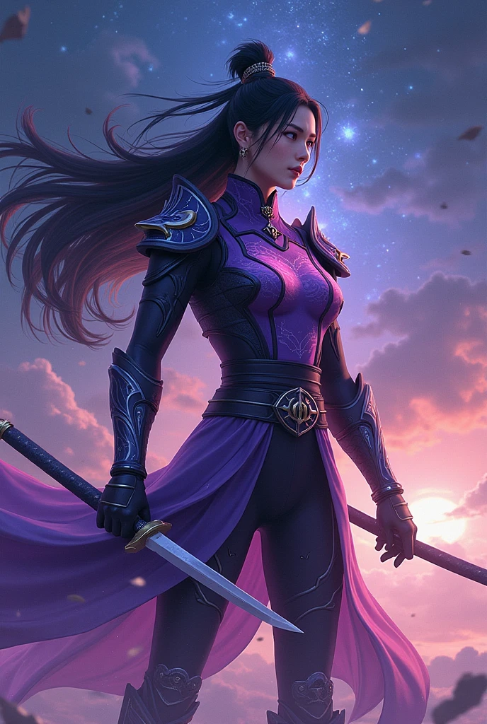 With a gorgeous starry sky in the background,Huang Quan was wearing a tight purple and black color combat suit,Waist spine-shaped belt,Long boots with varying lengths,Armed with a long knife,Long boots with mysterious clouds and thunder engraved on the scabbard,Looking indifferently into the distance,The long hair flutters freely in the starwind,The flame pattern on the dress seemed to vibrate。