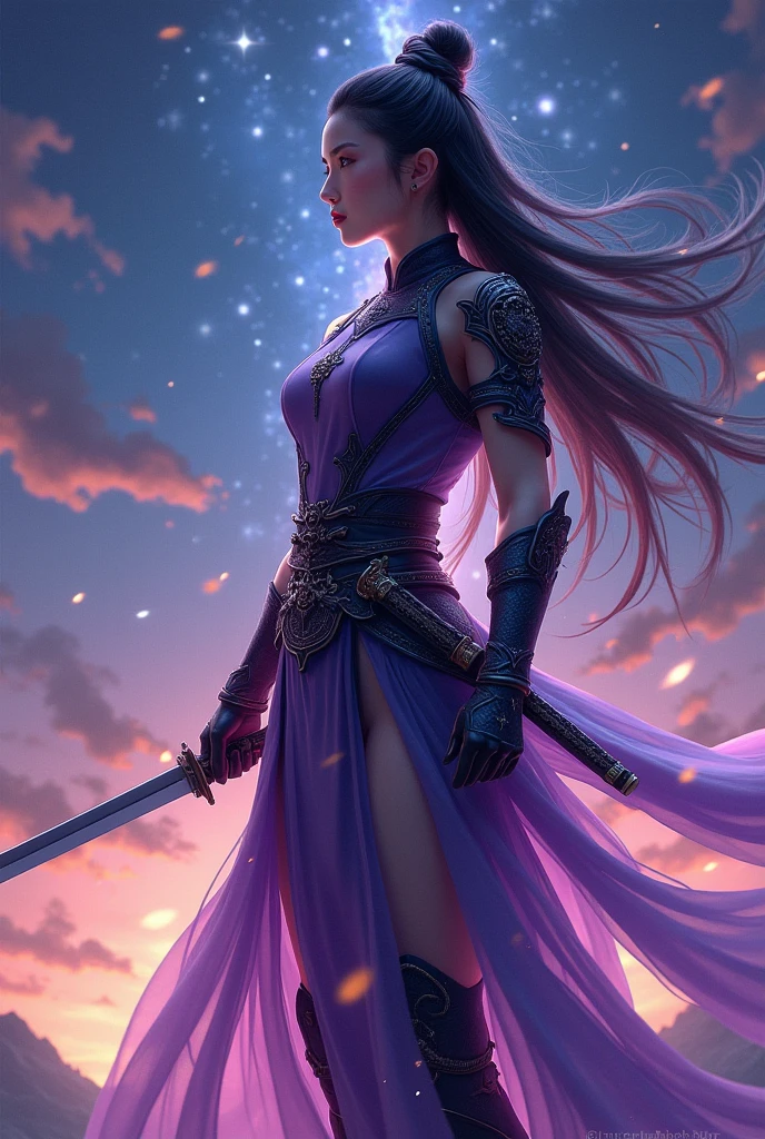 With a gorgeous starry sky in the background,Huang Quan was wearing a tight purple and black color combat suit,Waist spine-shaped belt,Long boots with varying lengths,Armed with a long knife,Long boots with mysterious clouds and thunder engraved on the scabbard,Looking indifferently into the distance,The long hair flutters freely in the starwind,The flame pattern on the dress seemed to vibrate。