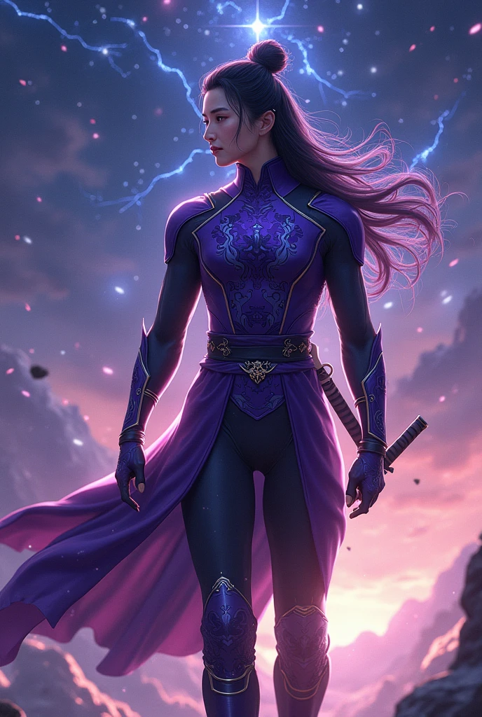 With a gorgeous starry sky in the background,Huang Quan was wearing a tight purple and black color combat suit,Waist spine-shaped belt,Long boots with varying lengths,Armed with a long knife,Long boots with mysterious clouds and thunder engraved on the scabbard,Looking indifferently into the distance,The long hair flutters freely in the starwind,The flame pattern on the dress seemed to vibrate。