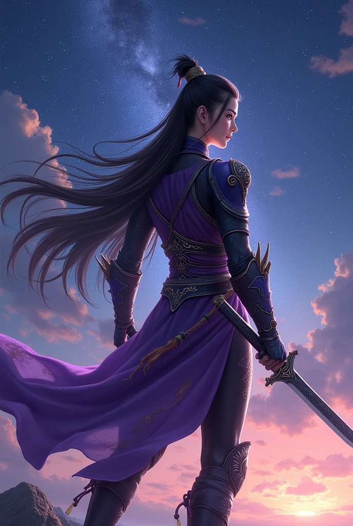 With a gorgeous starry sky in the background,Huang Quan was wearing a tight purple and black color combat suit,Waist spine-shaped belt,Long boots with varying lengths,Armed with a long knife,Long boots with mysterious clouds and thunder engraved on the scabbard,Looking indifferently into the distance,The long hair flutters freely in the starwind,The flame pattern on the dress seemed to vibrate。