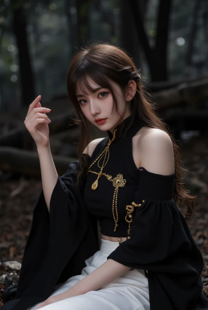 8 thousand, best quality, masterpiece, Very Detailed, Semi-realistic , a girl, a girl, 20yr old, Look at the hand, long and dark brown hair,With bangs, curlies, green eyes, Black Japanese cut clothes, White pants, Bare shoulders, golden detailing, Thin , indifferent expression, war scenario, exteriors, forest backgrou, There are many trees and dark sky