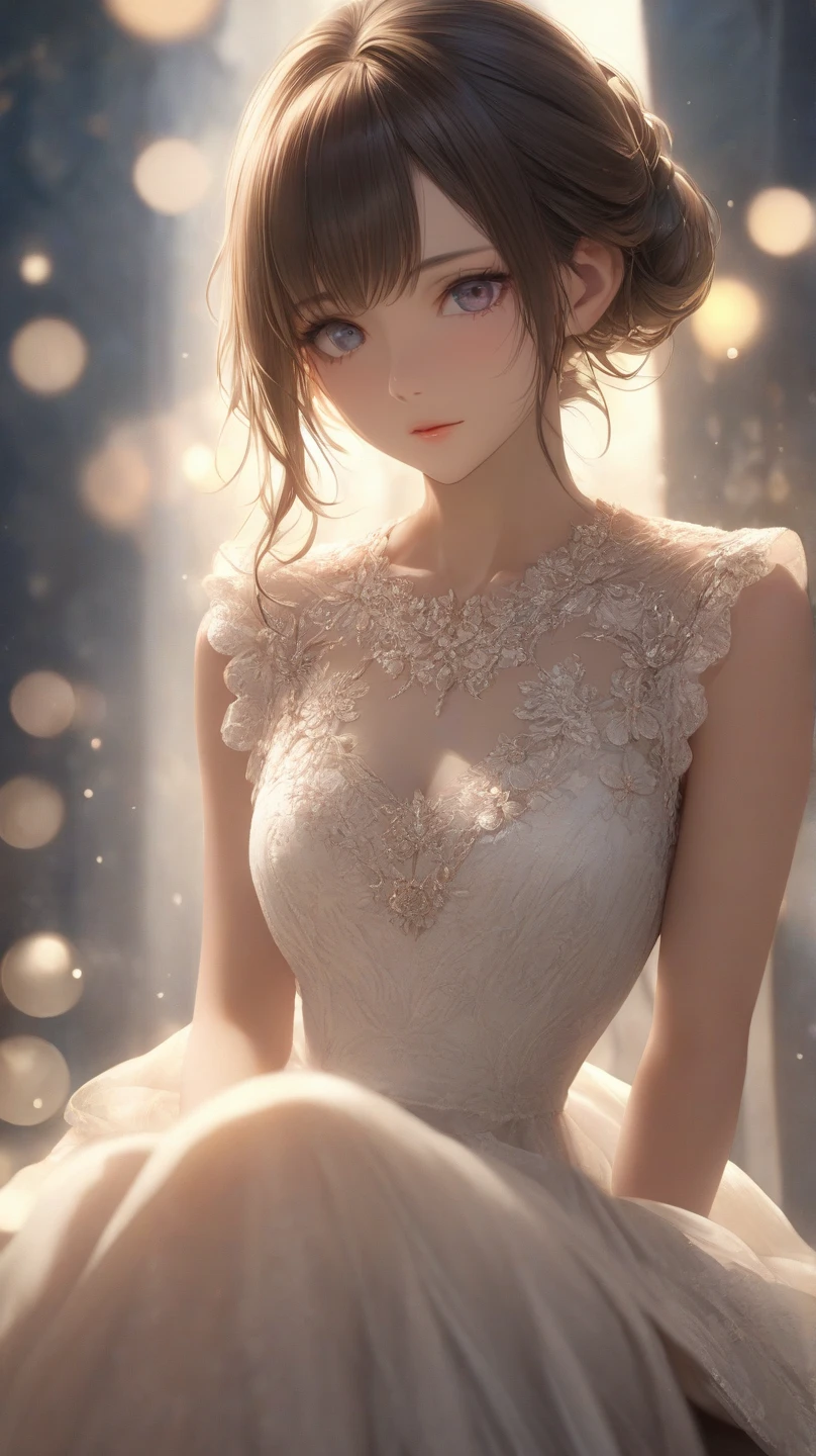 A girl with a deep gaze,exquisite facial features,soft expression,delicate skin,Elegant sitting posture,Tranquil atmosphere,Warm shades,Delicate texture,HD,Ultra Fine,photorealestic,professinal,vividness,Bokeh,4K,extreme hight detail