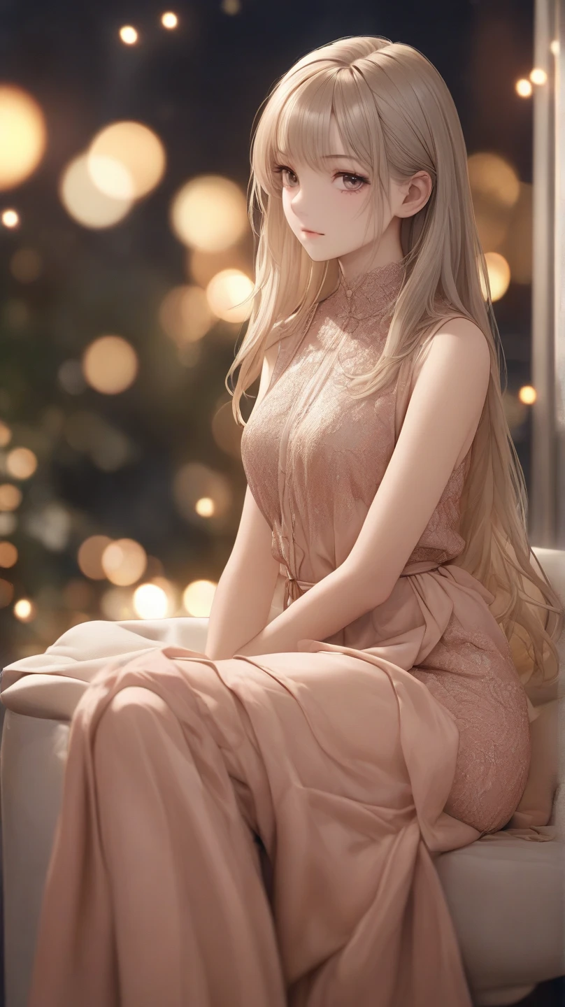 A girl with a deep gaze,exquisite facial features,soft expression,delicate skin,Elegant sitting posture,Tranquil atmosphere,Warm shades,Delicate texture,HD,Ultra Fine,photorealestic,professinal,vividness,Bokeh,4K,extreme hight detail
