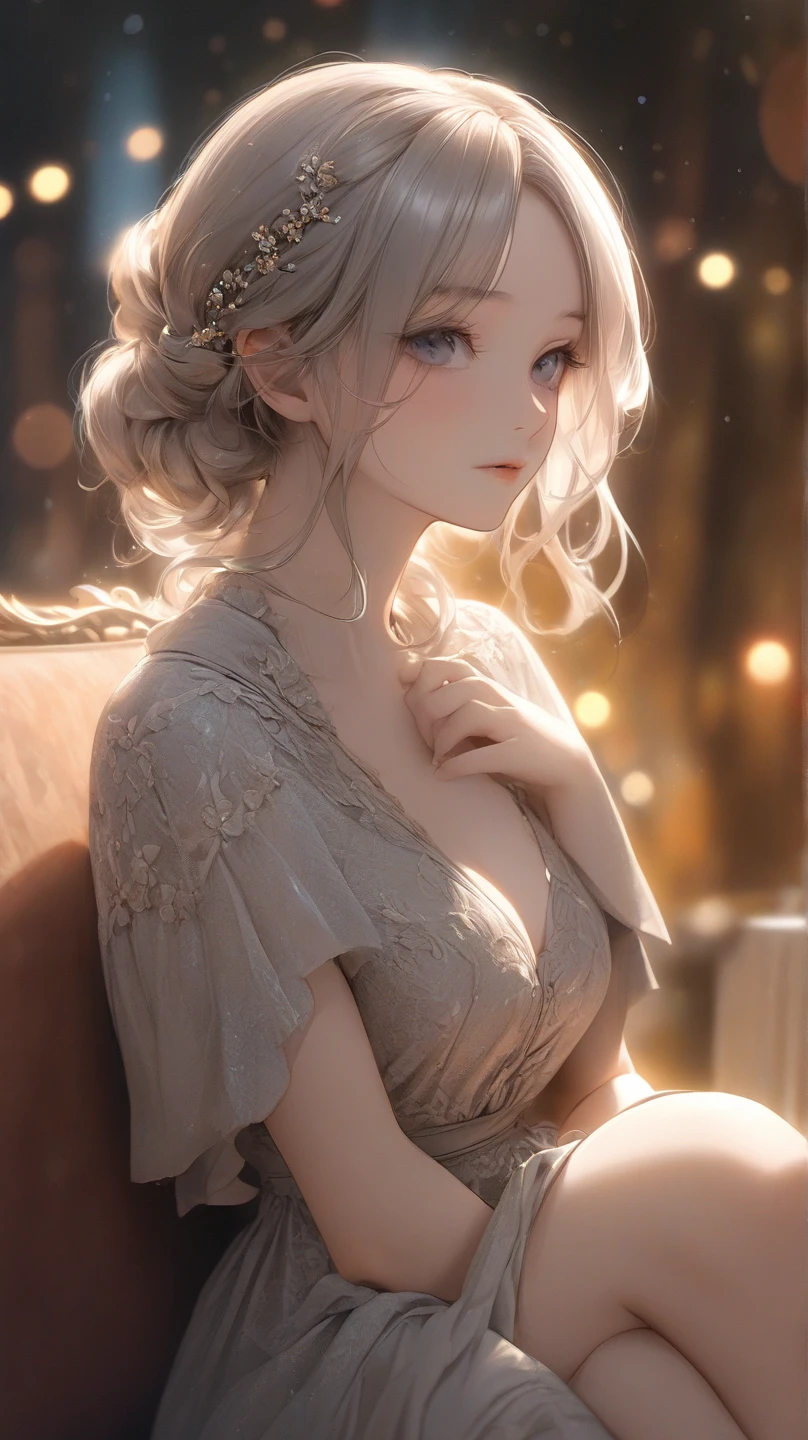A girl with a deep gaze,exquisite facial features,soft expression,delicate skin,Elegant sitting posture,Tranquil atmosphere,Warm shades,Delicate texture,HD,Ultra Fine,photorealestic,professinal,vividness,Bokeh,4K,extreme hight detail