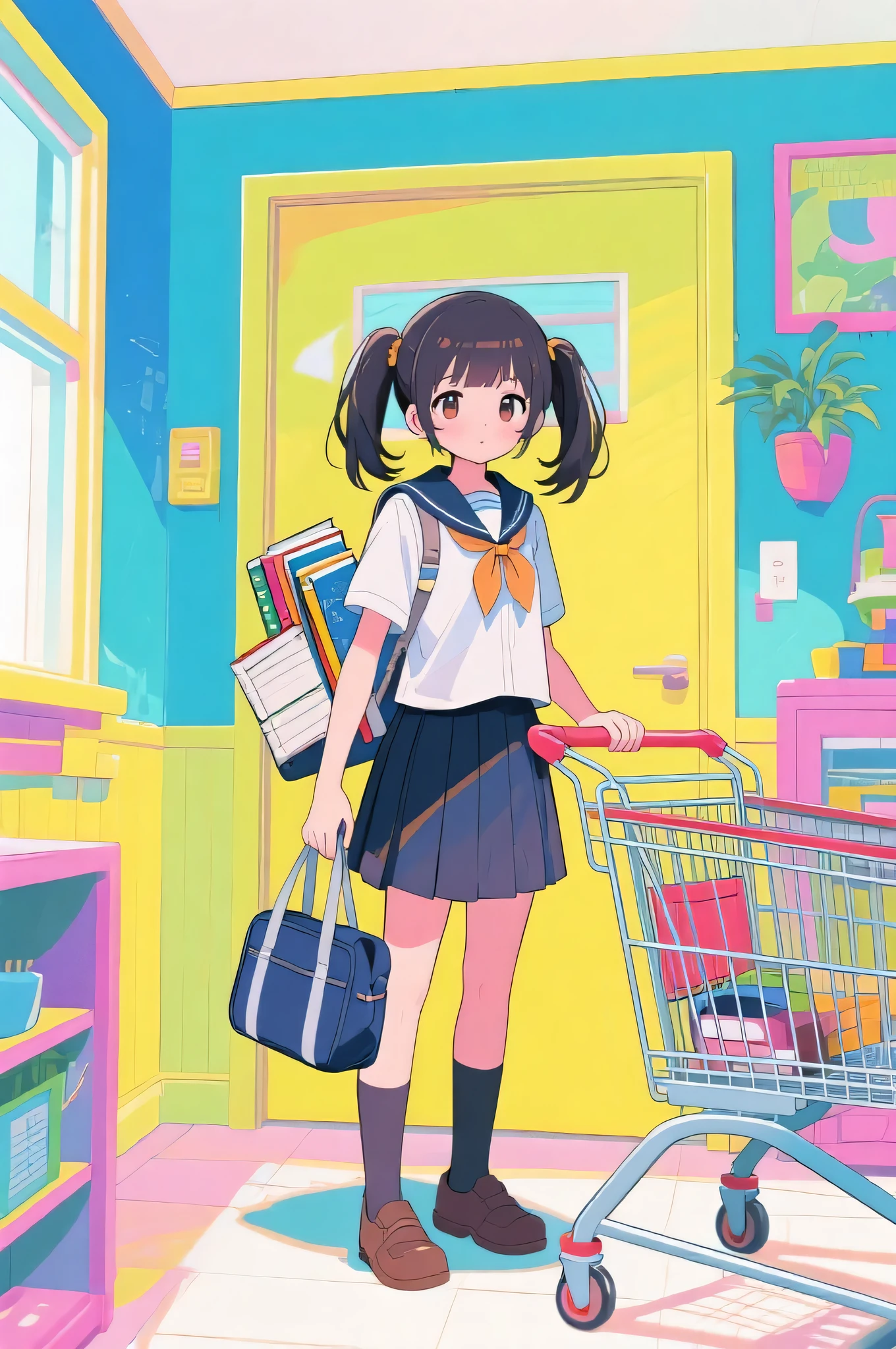 1girl, Permanent, deadline_hideadlinex style, casa, school uniform, bookbag, double ponytail, cart, cartrying bag