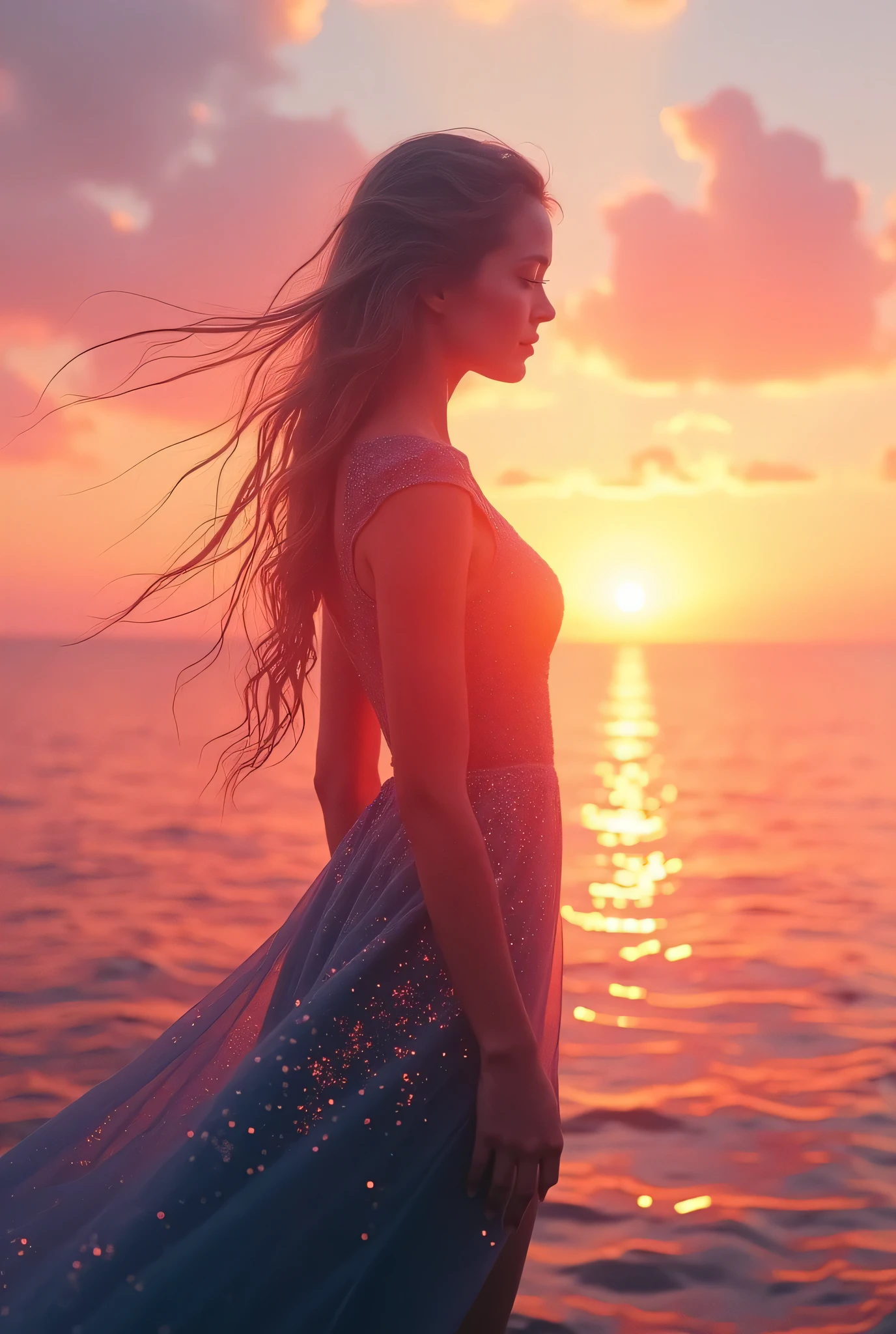 high quality,8k ultra high definition,美丽的Doubleexposure,Combining the silhouette of the goddess with the sunset coast, sunset coast should be used as the bottom background,Details are integrated into the silhouette of the goddess,Clear lines,The background is a monochromatic ,Focus sharp,Doubleexposure,Created by yukisakura,Gorgeous full color