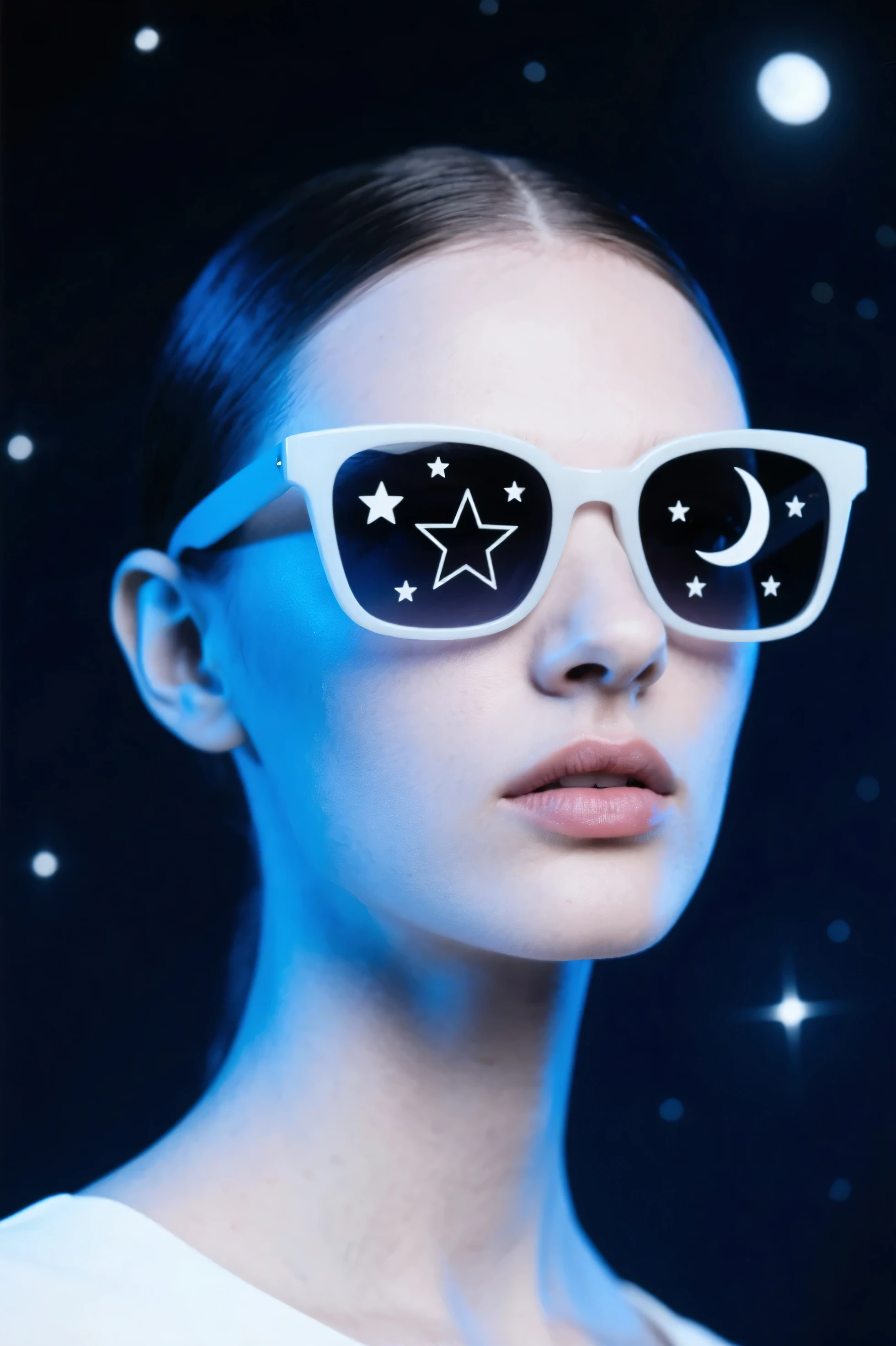 Model wearing glass sunglasses，There are stars and moon on the lens
