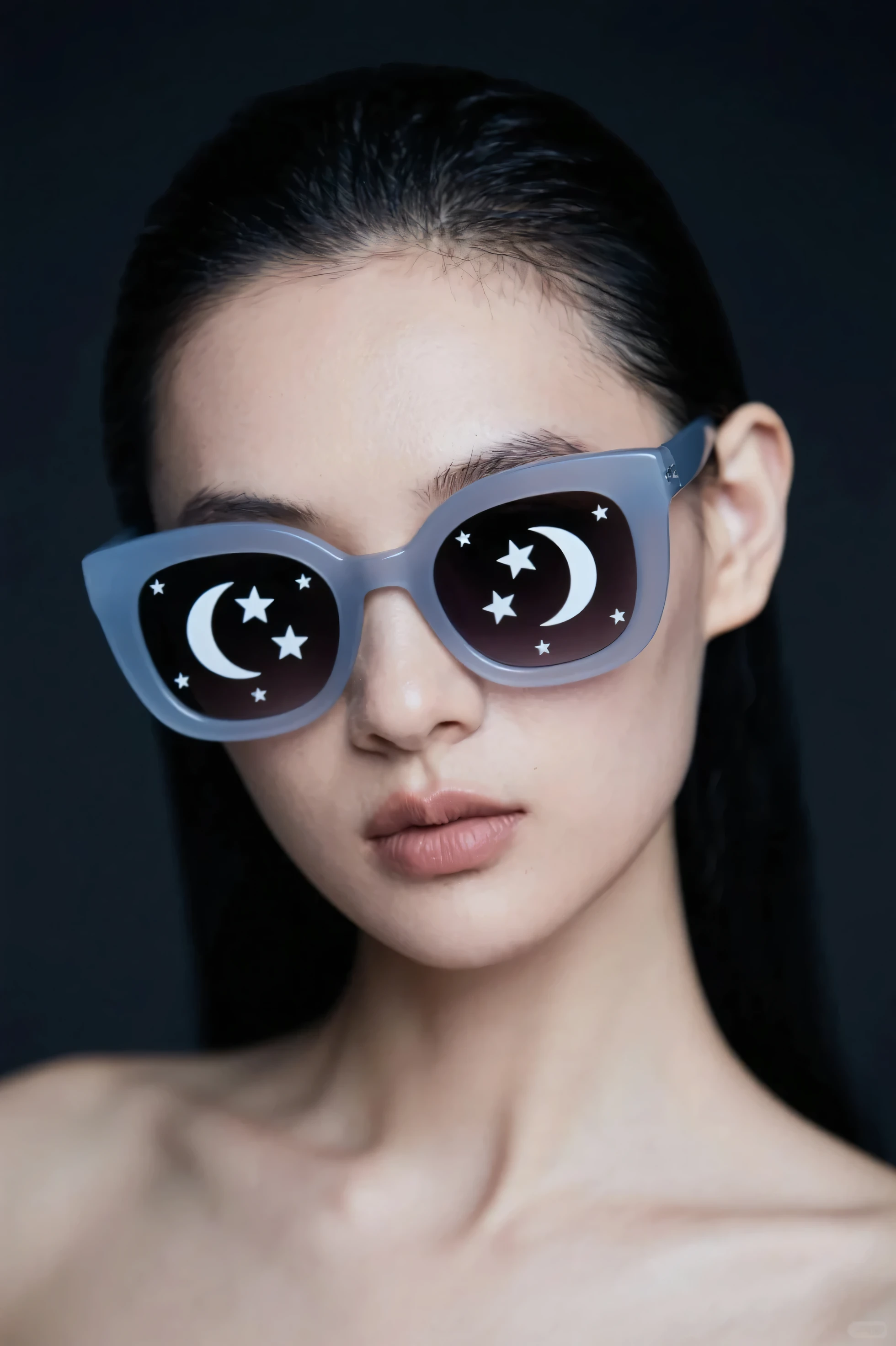 Model wearing glass sunglasses,There are stars and moon on the lens