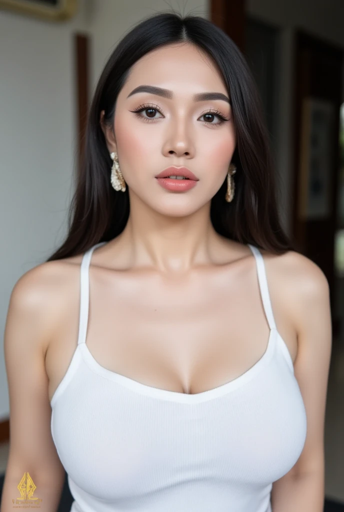 (8k, RAW Photos, Best Quality, Highest Resolution: 1.1), (Ultra Realistic: 1.4), (Realistic, Photorealistic: 1.3), young girl, full body, (Malay  look), white string bikini , short bikini, super model pose, (dimples cheek), Realistic Face, Realistic Body, Realistic Skin, front view, Absurdity, Masterpiece, (Cute: 1.8), Cuties, Solo, Detailed Black Eyes, Innocent Eyes, Film grain, long simple necklace,  ((hair black, long layer cut, wavy black hair)), cherry colored lips,  open lips, cleavage, slim, medium breast,nipples, upper teeth, cute smile show teeth, (smiling eyes: 1), (grin: 1.2)), depth of field, blurred background, eye focus, bokeh, ambient soft lighting,  