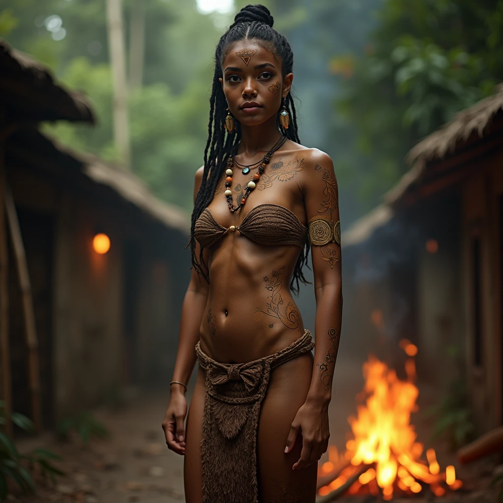 1girl, [red hair|black hair], \(savage, dark skin, jungle, tribal, amazone, wet\)_girl, \(savage, jungle, tribal, amazone, fur, bones\)_\(clothes, clothing\), tribal_\(marks, tatoo\), small breasts, barefoot, girl skinny, rainforest, rain, downpour, from above,