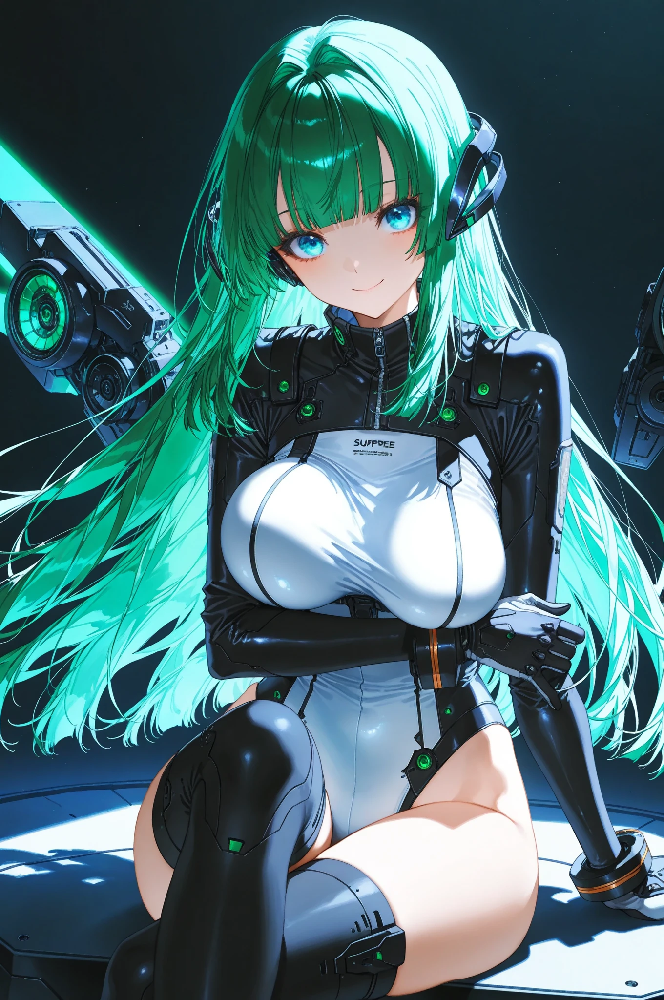 top-quality))、((​masterpiece)、kneeking、Breasts enlarged、Buttock emphasis、that cyberpunk、Big buttocks、Electronic visor attached to 12-year-old girl's face with emphasis on buttocks、Cyberpunk Fashion、Sexy Posing、(Wearing transparent green body spats on the lower body)、Breasts enlarged、Neon lights in dark city at night、(Various poses)