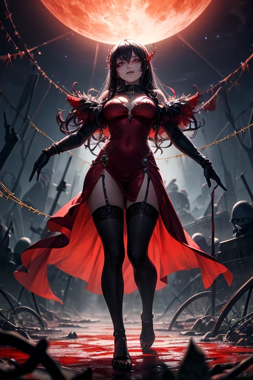 copper skin, shiny skin, black hair, hair bobbles, longeyelashes, cat eyes, slit pupils, cat pupils, light smile, black ram horns, large horns, ram horns, black horns, fang, accurate, long dark hair, long hair, very long hair, black hair, dark purple hair, red eyes, hair over shoulder, straight hair, glowing eyes, makeup, thick eyeliner, dark eyeliner, glossy black lipstick, sharp ears, pointed ears, light smile, smug, full blush, Surrealism, drop shadow, anaglyph, stereogram, tachi-e, pov, atmospheric perspective, 8k, super detail, best quality, high details, high quality, highres, award winning, best quality, large, wearing a black and red tuxedo, black and red outfit, tuxedo, thigh high boots, high heels, large , cleavage,tan, dark skin, thick thighs, strong thighs, white fur trim, full body, fantasy city background, with a seductive look