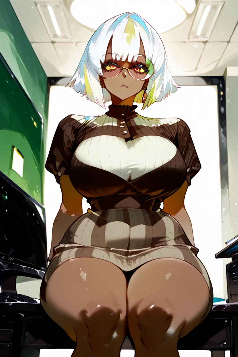 glowing green eyes, high-waist buttoned skirt, long high-slit skirt, green skirt, topless, hands covering chest, big chest, hair tied in a bun, white hair, dark skin, blurred convenience store