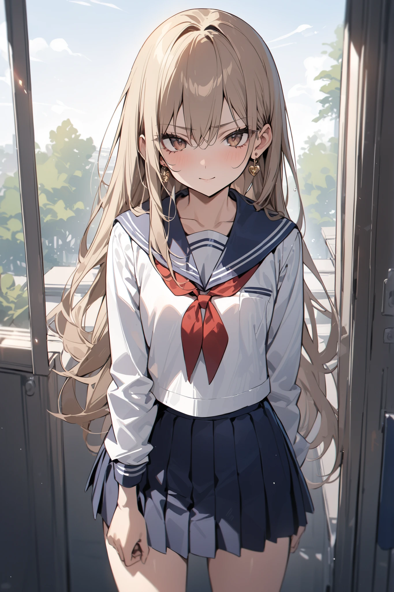 ((masterpiece,Highest Quality:1.2)),cowboy shot with your arm through your sleeve,Summer day ,Slender, slender female junior high school student standing in the classroom staring at you,Beautiful Physical Beauty,Light Brown Straight Long Hair,Perfect brown eyes , tree eyes ,Serious smile,white-based sailor suit,Red Ribbon,(navy blue pleated skirt),white loose socks,brown loafers,gold earrings