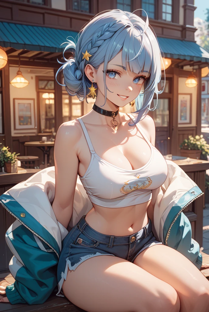 Masterpiece, high quality, 8k, ultra detail, ((kamisatoayakarnd)) standing, night,outdoors, (crop top), navel, (shorts), (off shoulders:1), choker, smile, armpit, (large breast), (nude arm)