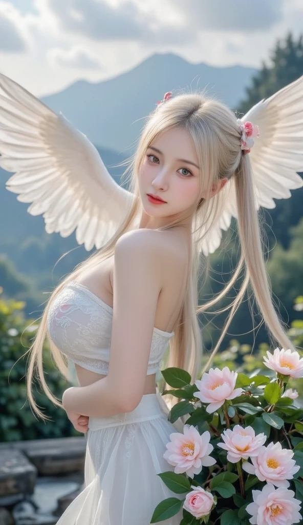 Hi there、ela!Creatures of Light、Beautiful Angel of Light、Create a magical spirit of light、Angels born of love、（She usually、Circle of Angels、Depicted as a very beautiful female angel with wings and long silver hair）、Wearing a shining white robe and golden armor、eyes gentle、beautidful eyes、The image of the royal sister angel is very beautiful and noble、Highly detailed white skin、 Her face is usually、Very soft、Pure and elegantly painted。Her divine power is also very powerful、Explore your creativity、Draw this mysterious and fictional creature。vivd colour、Unique shape、Using fun textures、Make your images unique and attractive。Artistic interpretation of the whole body、（Radiant smile）、Beautiful and noble angel、Magic of Magic Light、Perfect spell casting、Prayer of blessing、however、（Erotic angel）、（Angel costume exposed on lower body）、（（Miniskirt type outfit、white  panties、pantie shot））、（Angel costume with white as the main color）、Squatting in a tulip field、free pose、Viewer's Perspective、Highly detailed lighting、（Perfect hand fingers）、
