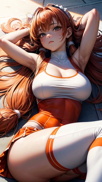 ((Photorealistic:1.9)),(CG:1.2),Top Quality,POW,Collar,Wristband,Anklet,(Soryu・Asuka Langley)), Small breasts, full body, white underwear, Beautiful detailed eyes, face light, movie lighting, (((very sweaty skin)), open legs, ruins, restraint, shy, crying, ((号昣)), (涎)))), legs wide open, face red , excited, breathless, orange hair