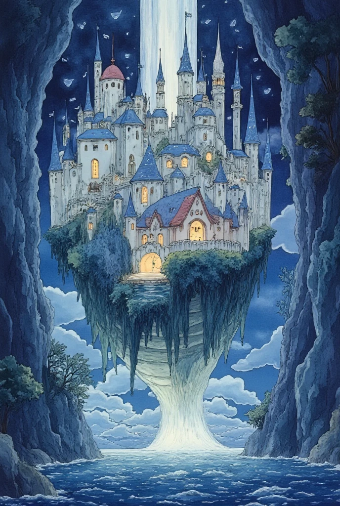 (On the back of a huge fish in the sea:1.4), (, notes swirl around the medieval town:1.3), (A medieval city built on the back of a huge colorful fish:1.3), (notes of music curl around the white towers of the castle:1.3), (blue and white colors, bright glowing magic notes), (around the ocean and raging waves), (Highest detail, high resolution shower, стиль Studio Ghibli Dark Fairytale, muted blue tones, dark tones, Closed composition, World accent, pillar of light  , Dark fantasy, style dark picture ,  dark colors , dark atmosphere, Highest detail, high resolution shower, стиль Studio Ghibli Dark Fairytale, muted blue tones, dark tones, Closed composition, World accent, pillar of light  , Dark fantasy, [tall cedar grows in the distance].