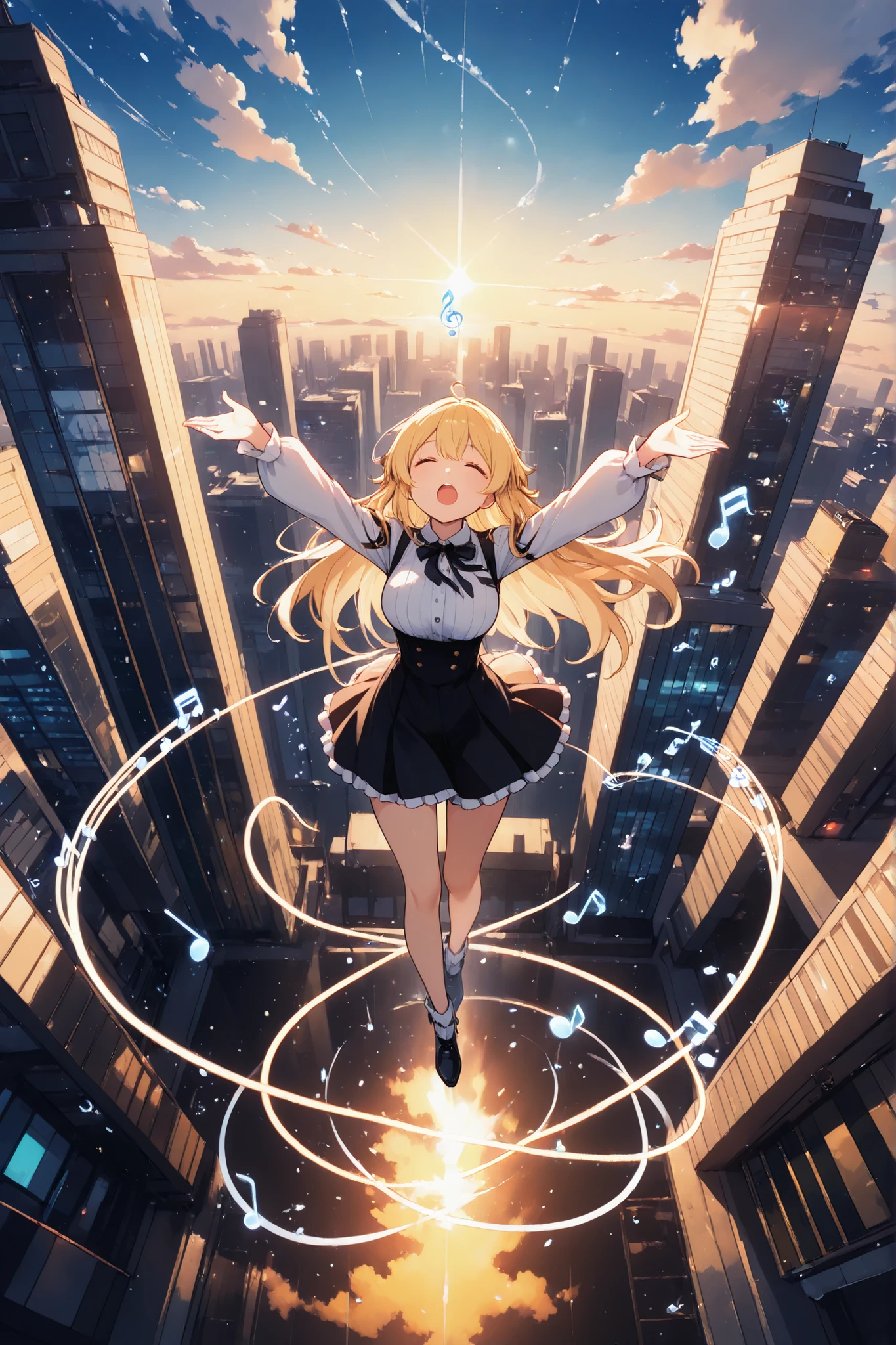 skyscraper、Aerial view、the five-line score is reflected in the sky、the musical notes are floating in the air、people々is looking up at the notes floating in the air、The diva is singing a song、