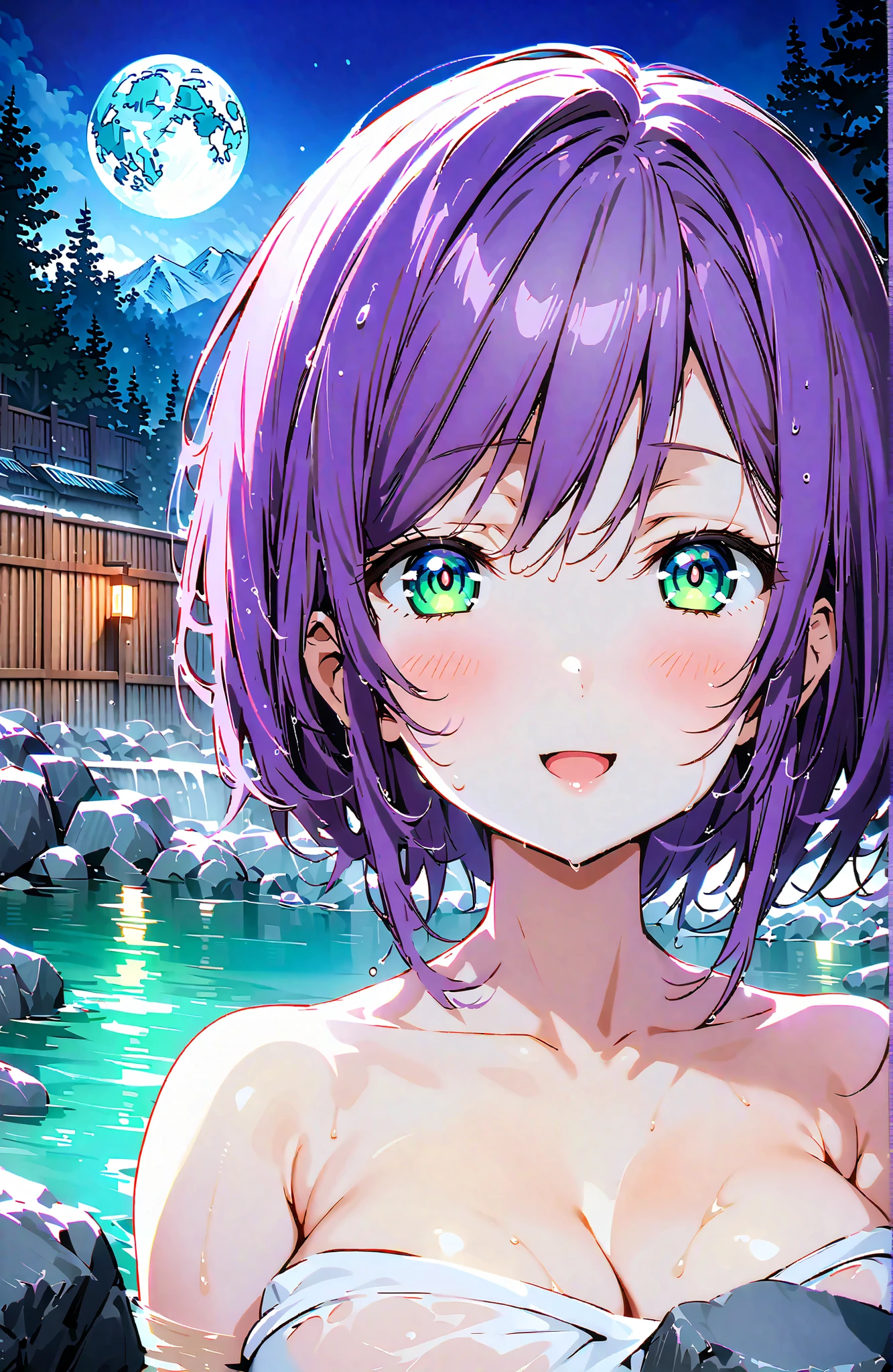score_9, score_8_up, score_7_up, source_anime,
Nozomi Tojo,
Kitojo , green eyes, purple hair,smile,Siderock,Nape, naked towel,Big Breasts,cleavage,partially sunk, wet hair,wet skin,wet towel,Soup,rock,snow,smile,blush,mouth,narrows her eyes,Wave,fence,night,moon,Hot Springsの中に座っている,in their 40s looking at viewer,全身
in their 40s outdoors,Hot Springs,
in their 40s (masterpiece:1.2), best quality, high resolution, Unity 8Kの壁紙, ( illustration :0.8), (beautiful detailed eyes:1.6), very detailed face, perfect lighting, very detailed CG, (perfect hand in h, perfect anatomy),