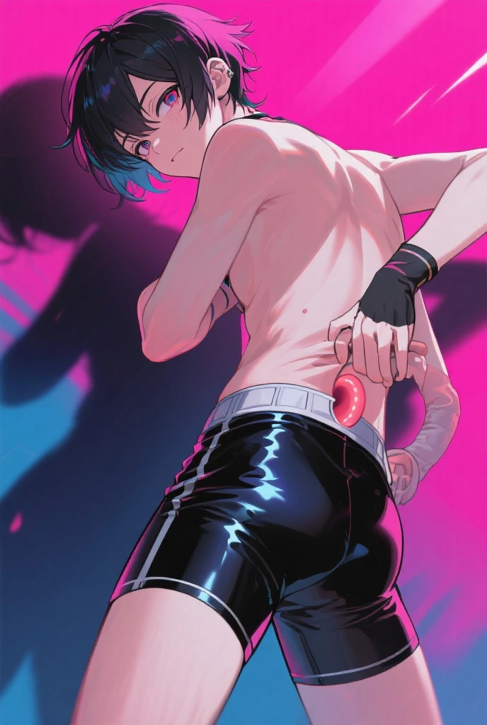 score_9, score_8_up, score_7_up, rating_explicit, source_anime, male focus, yaoi, Glitch boy, vector glitch design, technology, vibrant colors, stylish, action shot, purple, anime style, cartoon