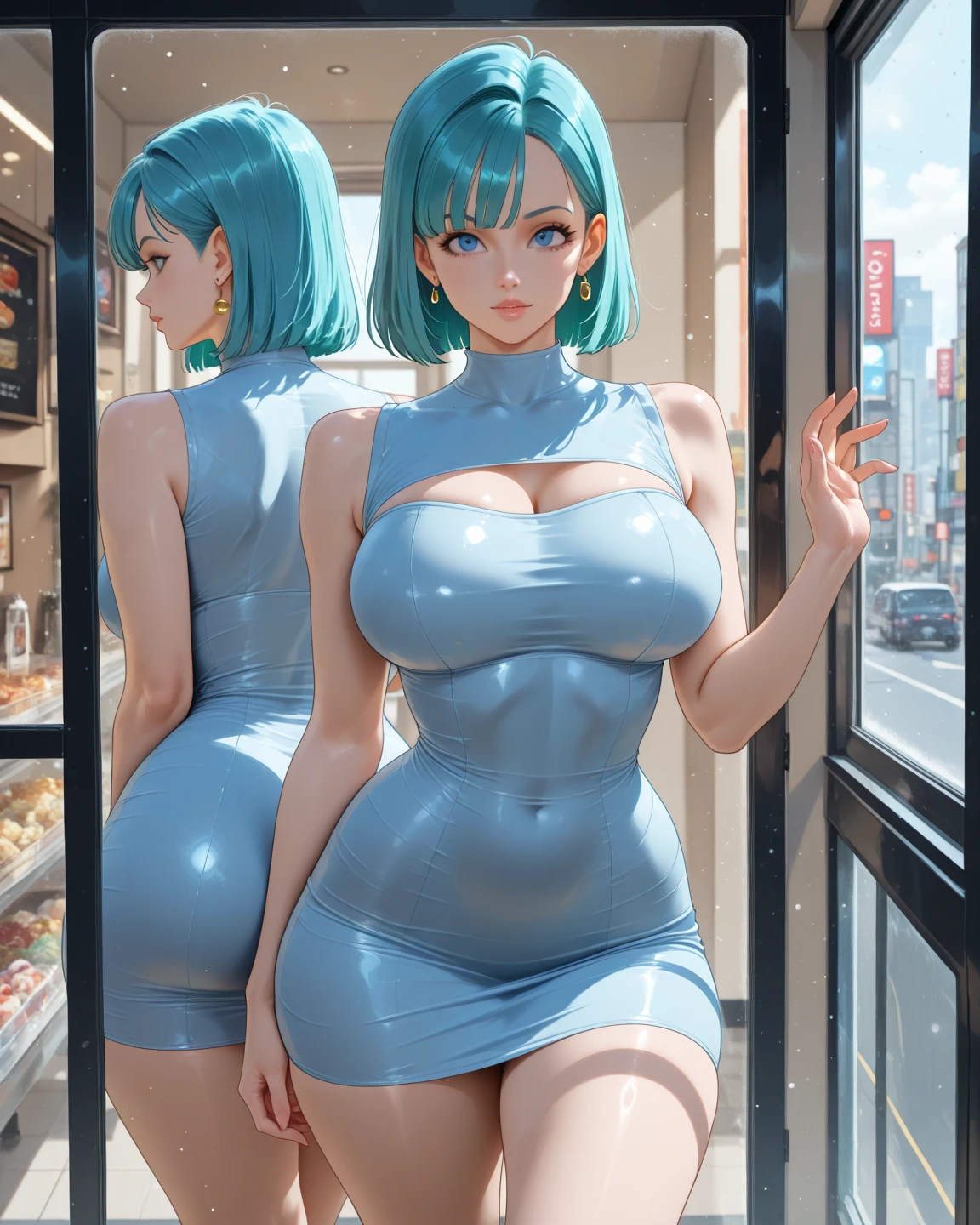 female high-school student,Short groups,Huge breasts,upper legs,black lence stockings,Blue glasses,long white hair,Hair color gradient,Beds,white lace chemise,Meat chart,Raised sexy,cleavage,Protruding cleavage breasts,Raised sexy,Non-human