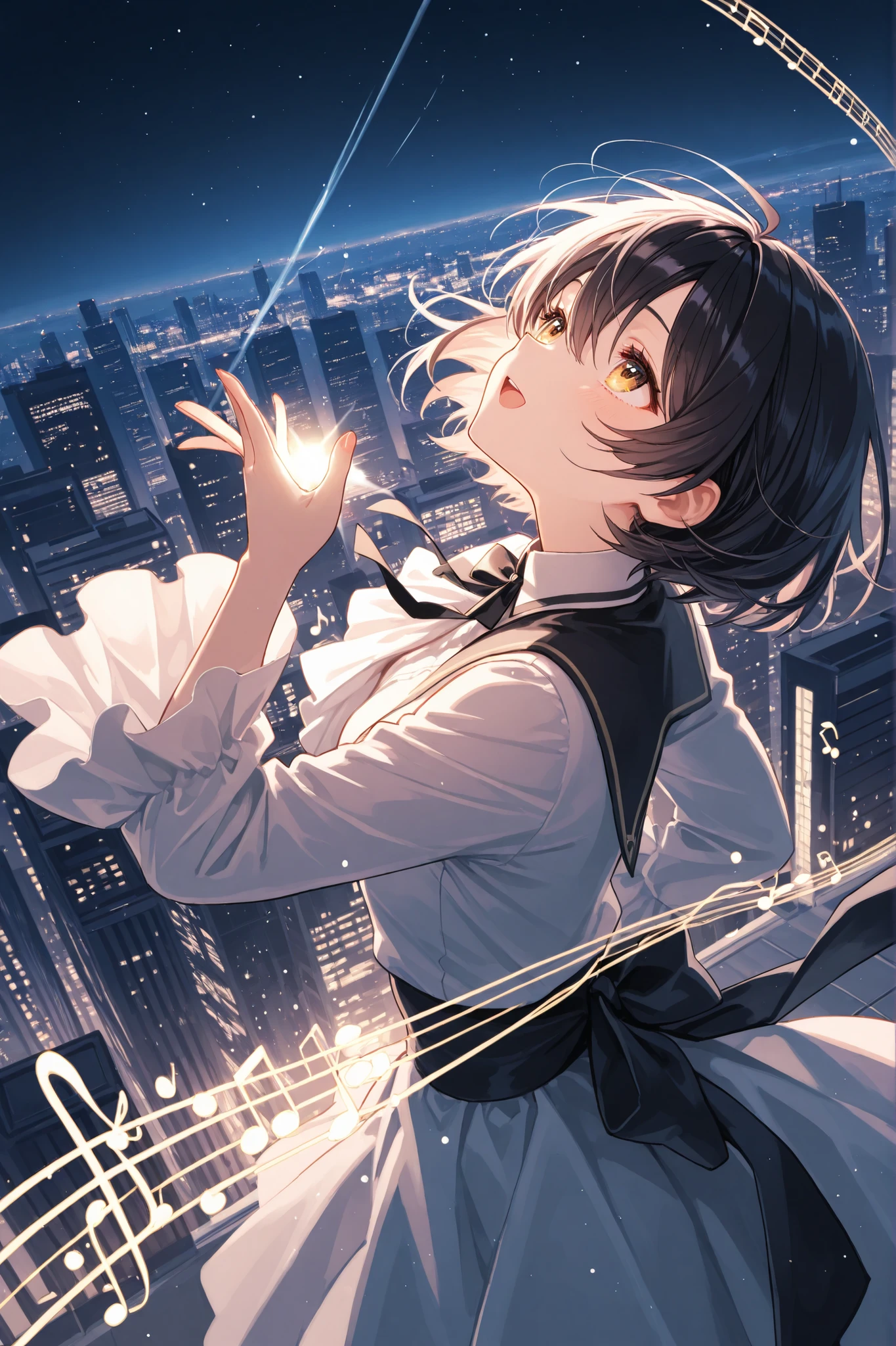 skyscraper、Aerial view、the five-line score is reflected in the sky、the musical notes are floating in the air、people々is looking up at the notes floating in the air、The diva is singing a song、