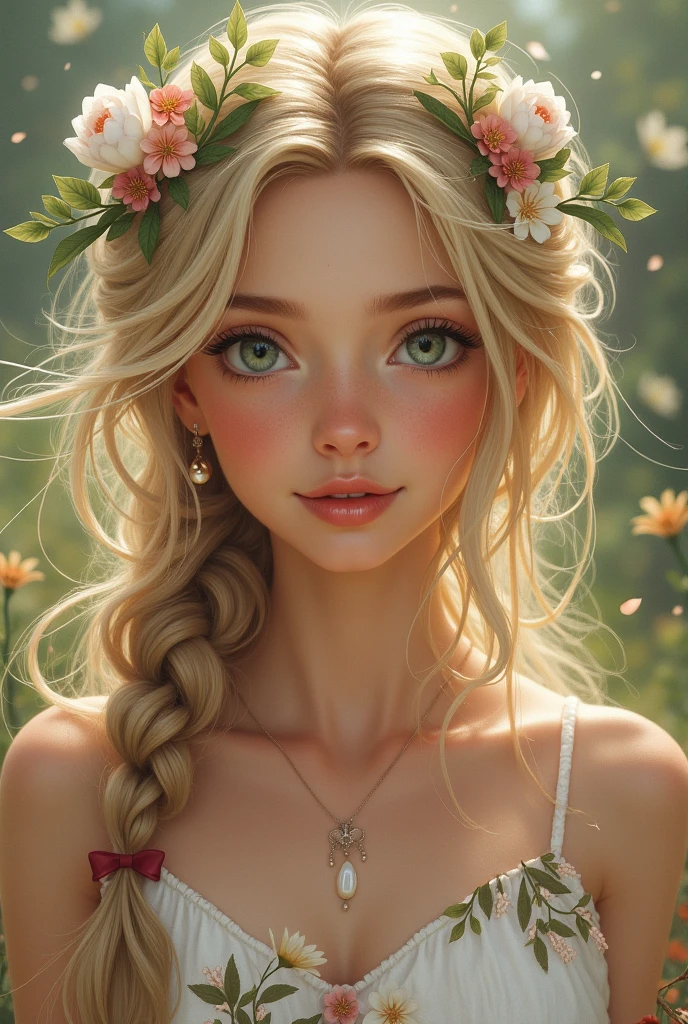 1 Woman, White long, curly hair,Natural hair. white hair. Blue eyes. student. Parque. Happy. flowers. Flowers Crown flowers.