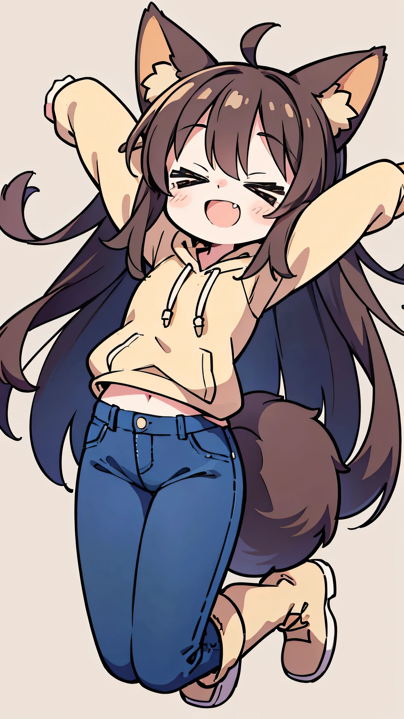 Anime Style、 cute face、 1 woman、 fox ears、 caramel brown hair、tail、long hair、 beige hoodie、jeans、boots、simple background、smiles、double teeth、close your eyes、be happy、Jumping with both arms spread wide
