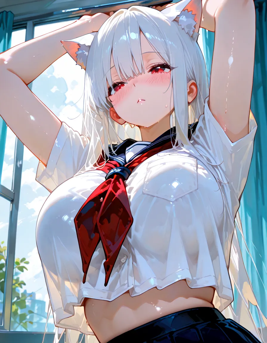 1 girl,,petite,flat chest,pointy breasts,cleavage,underboob,sideboob,(blush),((embarrassed)),happy,wet,(see through),(((white school uniform)),(((clothes lift))),spread arms,open legs,silver hair, red eyes,illya