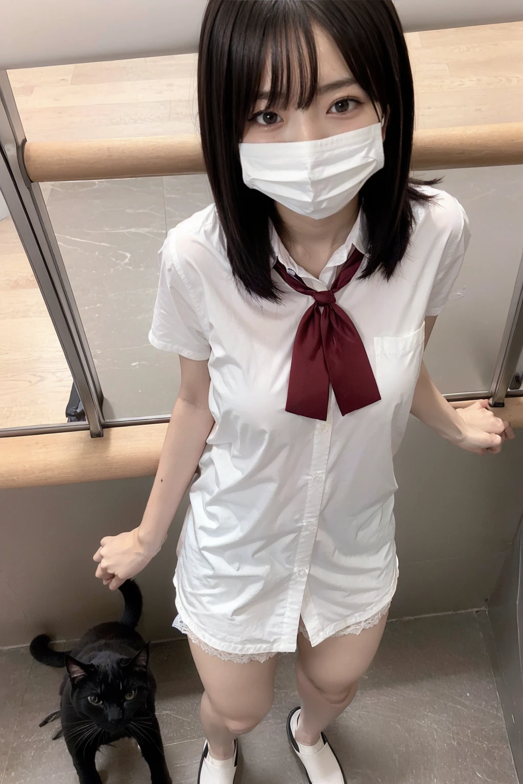 (masterpiece:1.2), Japanese, (((18 years old))), (a girl), (opened mouth wide), (skirt), ((small ribbon)), (((legs spread wide))), ((mouth mask)), on a bed, (((panty))), ((collared shirt)), short hair, plump, bellybutton,