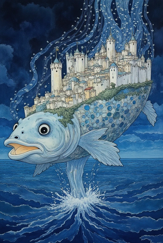 (On the back of a huge fish in the sea:1.4), (, notes swirl around the medieval town:1.3), (A medieval city built on the back of a huge colorful fish:1.3), (notes of music curl around the white towers of the castle:1.3), (blue and white colors, bright glowing magic notes), (around the ocean and raging waves), (Highest detail, high resolution shower, стиль Studio Ghibli Dark Fairytale, muted blue tones, dark tones, Closed composition, World accent, pillar of light  , Dark fantasy, style dark picture ,  dark colors , dark atmosphere, Highest detail, high resolution shower, стиль Studio Ghibli Dark Fairytale, muted blue tones, dark tones, Closed composition, World accent, pillar of light  , Dark fantasy, [tall cedar grows in the distance].
