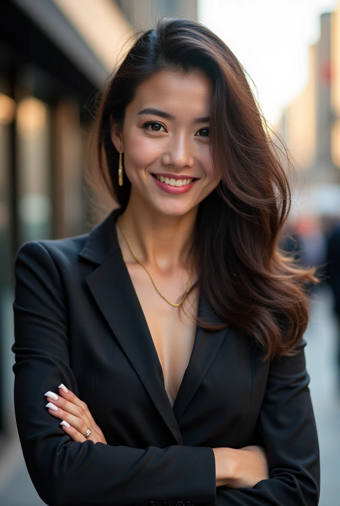 Create an 18-year-old Asian businesswoman, standing while selling goods, smiling with a cute face. The image should be full-body, with her wearing a slightly revealing blazer, appearing youthful and successful.