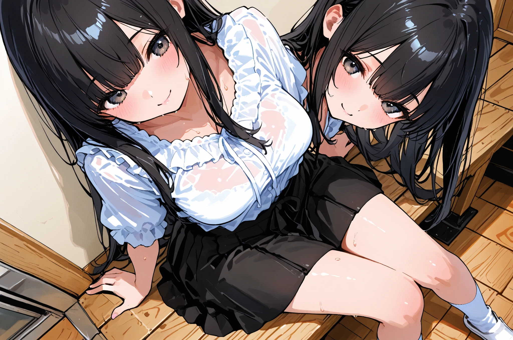(((masterpiece, Highest quality, High resolution, 超High resolution, Pixel perfect, Written boundary depth, 4K, RTTX10.0, High resolution))), Beautiful Anime Women, Beautiful art style, Anime characters, ((Long Hair, bangs, Dark brown hair, ponytail)), ((Smooth texture, Realistic texture, Anime CG Style)), Perfect body, (Slender body:1.2), Exact finger count、Exact number of legs、(Exact number of arms:1.0, Exact number of hands:1.0), (Three women standing side by side, Lean your torso against the table to expose your buttocks., Angle from above the back:1.3), (Fashionable white shirt, Sailor collar, Knee-high socks, loafers, Pleated mini skirt:1.3), Realistic, Highest quality, High resolution, Perfect lighting, Highly detailed CG, (Perfect hands, Perfect Anatomy), (School classroom:1.3), Daytime lighting, whole body, ((Stylish shiny satin panties, side-tie white panties, Black lace trim :1.3)), (Beautiful and thin thighs、Beautiful little ass:1.3),cum in pussy