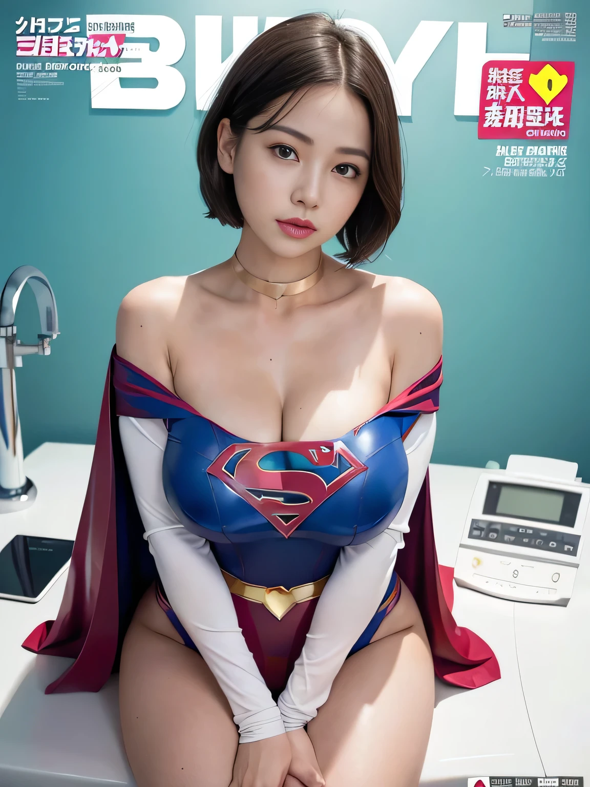 masterpiece、supergirl costume、short hair、barefoot、big and full breasts、Bedroom、straddle the bed、sexy pose、athlete、shiny、looking at camera、Seduce、choker、long sleeve、red mini skirt、Weekly magazine cover、