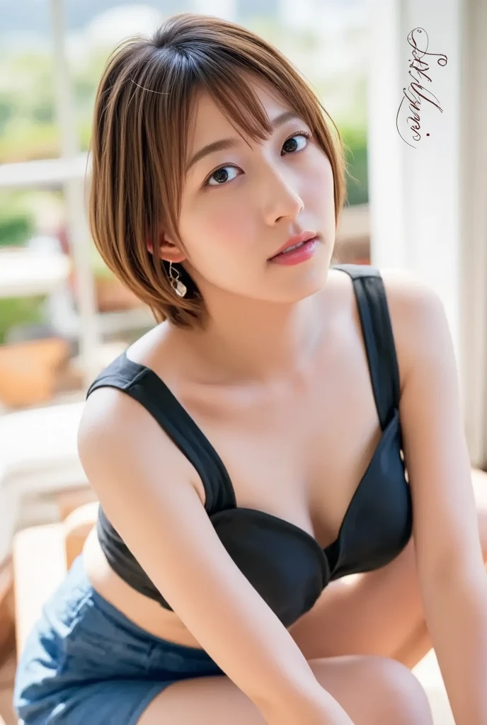 highest quality, Realistic, 8k, High resolution, 1 girl, woman, (Medium chest: 1.8), high school girl, blazer, uniform, Pubic hair is visible, No pants, I boldly lifted my skirt, ((Sit on a chair with your legs wide apart)), Bend your knees and spread your legs, A slightly shorter hairstyle, Open your hands and feet and grab your knees, Shirt with fluttering buttons, Bronze colored hair,