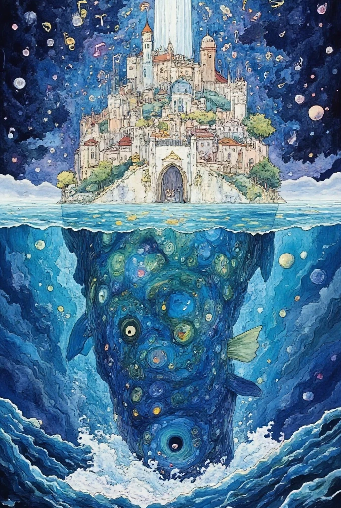 (On the back of a huge fish in the sea:1.4), (, notes swirl around the medieval town:1.3), (A medieval city built on the back of a huge colorful fish:1.3), (notes of music curl around the white towers of the castle:1.3), (blue and white colors, bright glowing magic notes), (around the ocean and raging waves), (Highest detail, high resolution shower, стиль Studio Ghibli Dark Fairytale, muted blue tones, dark tones, Closed composition, World accent, pillar of light  , Dark fantasy, style dark picture ,  dark colors , dark atmosphere, Highest detail, high resolution shower, стиль Studio Ghibli Dark Fairytale, muted blue tones, dark tones, Closed composition, World accent, pillar of light  , Dark fantasy, [tall cedar grows in the distance].