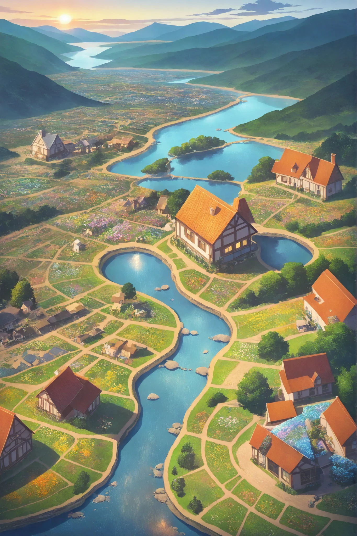 a small village by the river, mountains in the background, floral flowers colorful, detailed landscape, Beautiful natural landscapes, atmospheric lighting, scorching sunset, warm colours, practical, photopractical, Detailed Foliage, complex buildings, cobblestone street, Charming country house, swirly vibrant colors, lush vegetation overtaking city, Still water reflections, Picturesque, idyllic, work of art, best qualityer, 8k, extremely detaild,anime styling