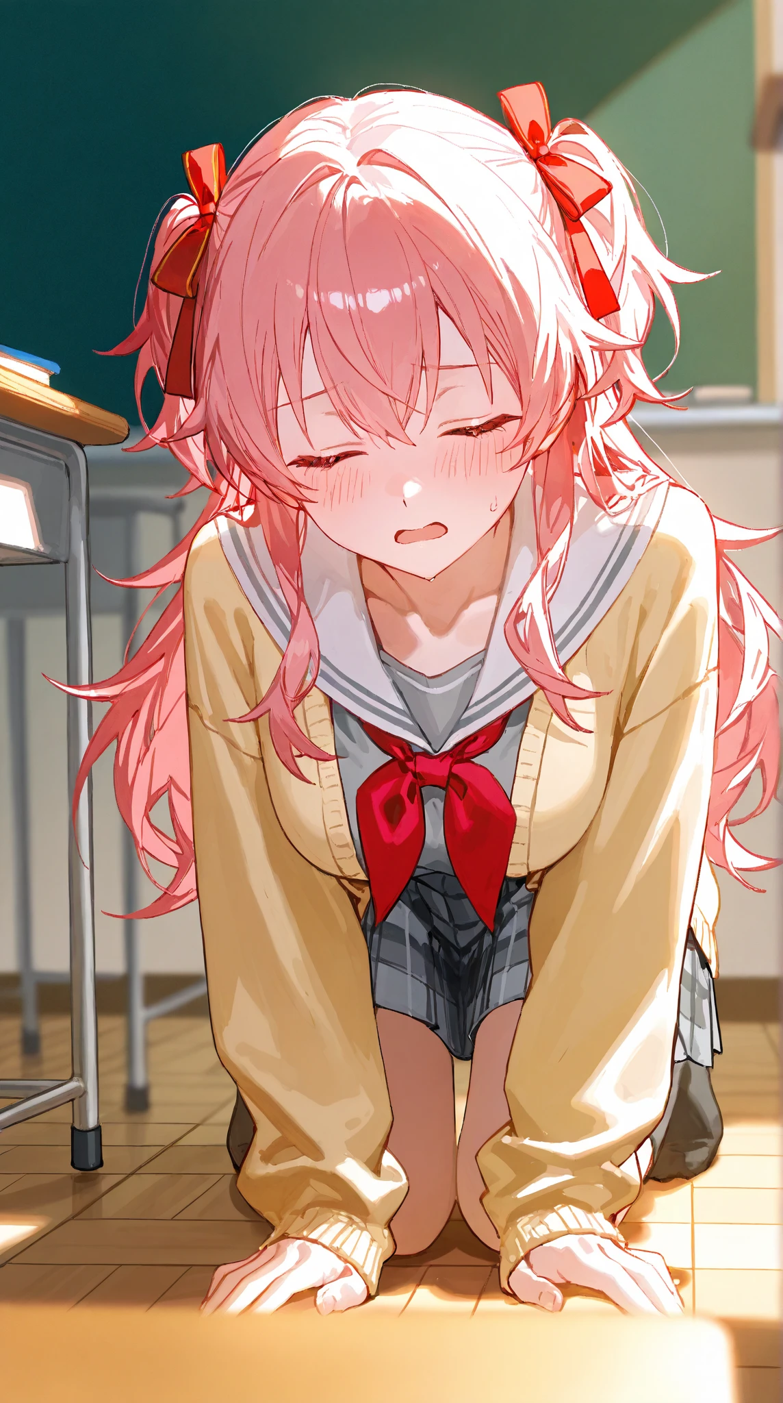 One long hair, girl in school uniform, miniskirt, pink hair, looking away, sitting, embarrassed, blushing, crying, mouth closed, classroom (girl leaking pee)