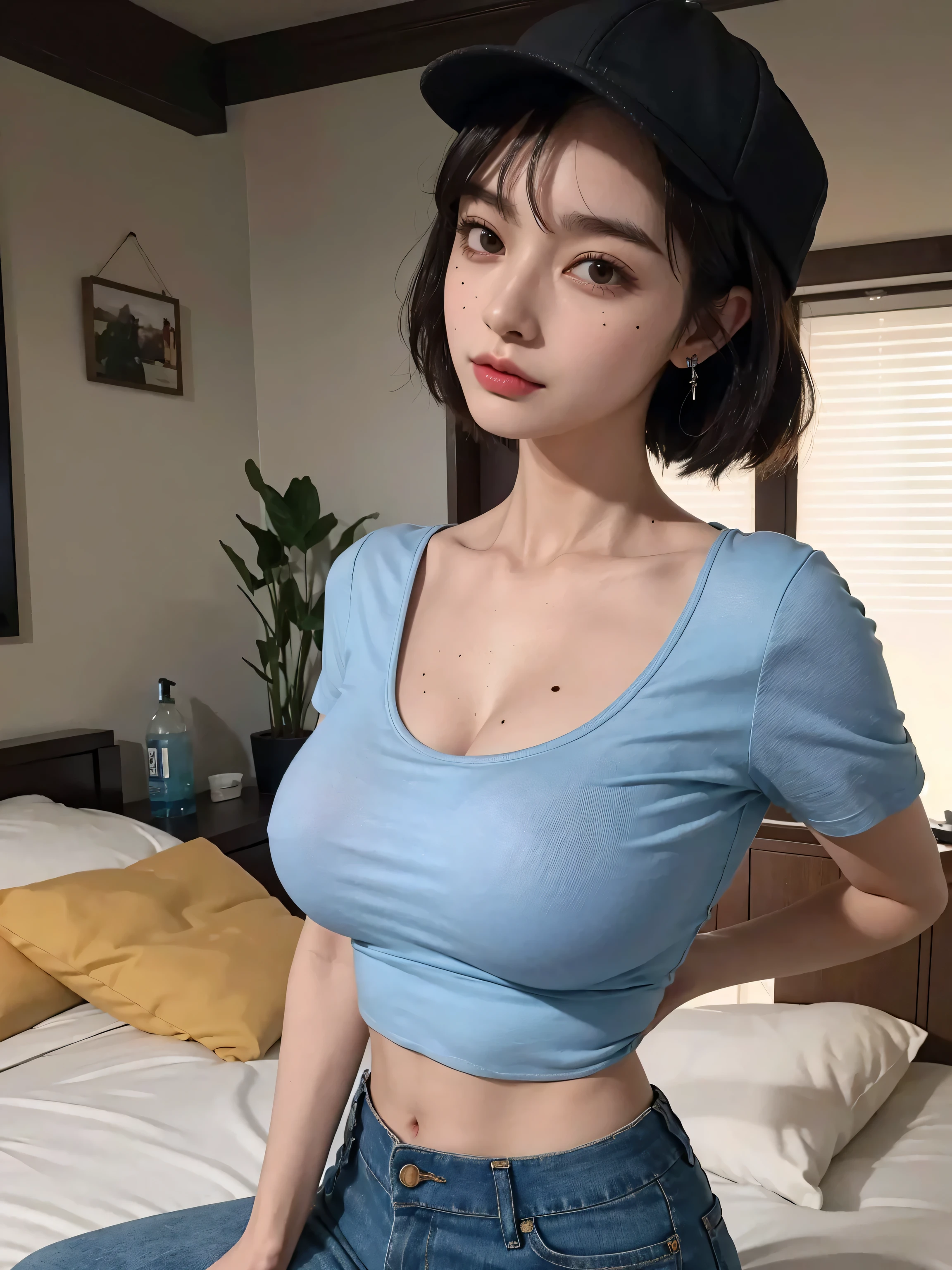 A beautiful girl, blue-eyed, small, perfect face, wearing short shorts, and short shirt and big breasts, realistic black hair with highlights, looking at the viewer, Realist 8K!