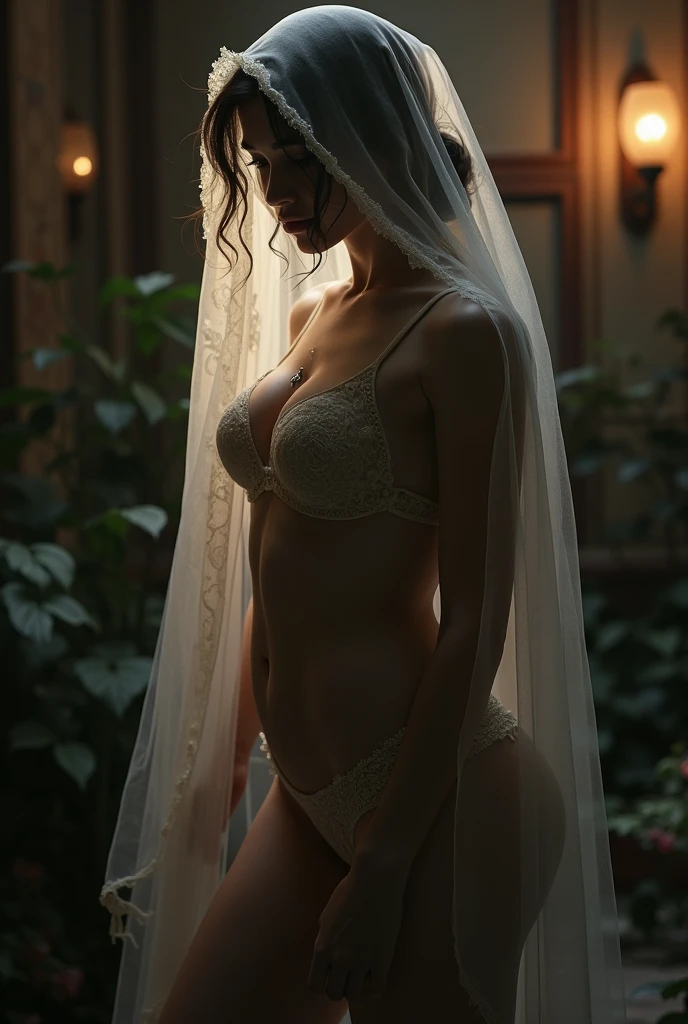 (photorealism:1.2), a sexy curly brown hair woman in white lace lingerie with stockings and bridal veil looking scared and standing on a palm tree, a dog tries to get her down