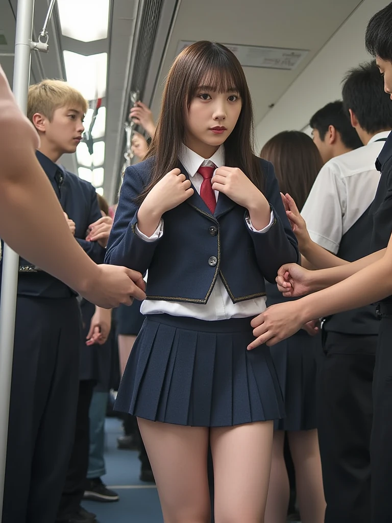 (((Real 14 years old very short loli little face girl))masutepiece, of the highest quality, High resolution, grasp,((((I'm naked))))、(((NSFW:1.2))) , High school girl grabbed by the buttocks on a crowded train, ((High school girl in white sailor suit with short short sleeves)),(Sailor collar with ribbon),, High school girl grabbed by the buttocks on a crowded train,((Dark blue pleated skirt with a curled up:1.3)),Beautiful One Girl, Shorthair, Cute face, Beautiful detailed eyes, Beautiful body, beutiful breast、beautiful thigh, (((sexual act、Being molested by multiple guys))) ((((3 Male, (molesting), (Man grabbing girl's ass on train:1.5, Man grabbing girl's chest on train:1.2)))),Touching with multiple hands、((embarassed expression))、Girls feel,Separated lips:1.3,(((Striped panties fully exposed)))