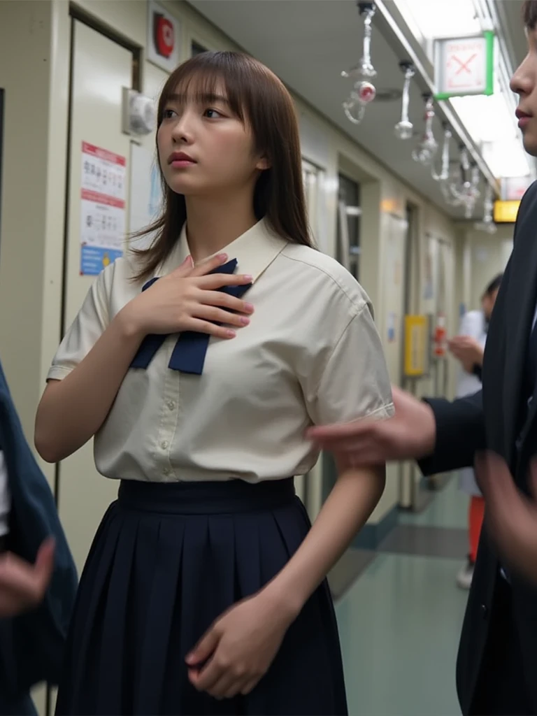 a man molesting Japanese school girl, in subway, the man touching girl's but, the girl blush